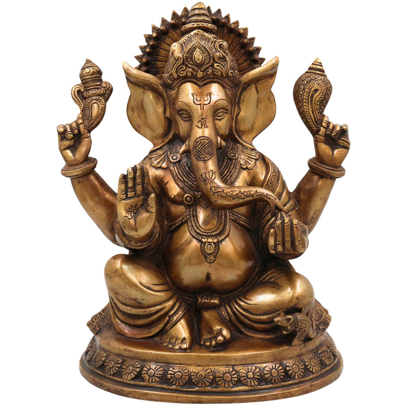 Brass Handcrafted Ganesha Idol, Lord Ganapati Statue, Vinayaka Sculpture for Pooja, Home Decor & Gifts, Gold, 12 Inch, 1 Piece
