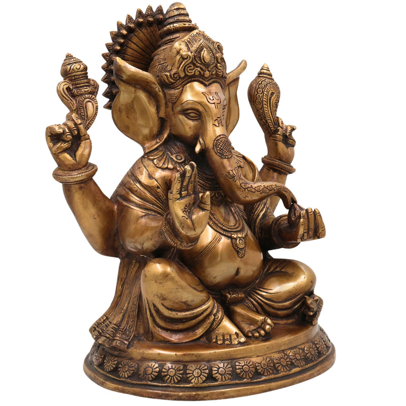 Brass Handcrafted Ganesha Idol, Lord Ganapati Statue, Vinayaka Sculpture for Pooja, Home Decor & Gifts, Gold, 12 Inch, 1 Piece