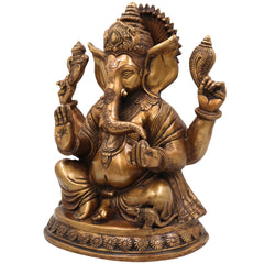 Brass Handcrafted Ganesha Idol, Lord Ganapati Statue, Vinayaka Sculpture for Pooja, Home Decor & Gifts, Gold, 12 Inch, 1 Piece