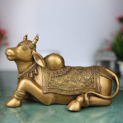 Brass Handcrafted Nandi Idol, Lord Shiva's Bull Statue, Shivalinga Companion Sculpture for Pooja, Home Decor & Gifts, Gold, 8.5 Inch, 1 Piece