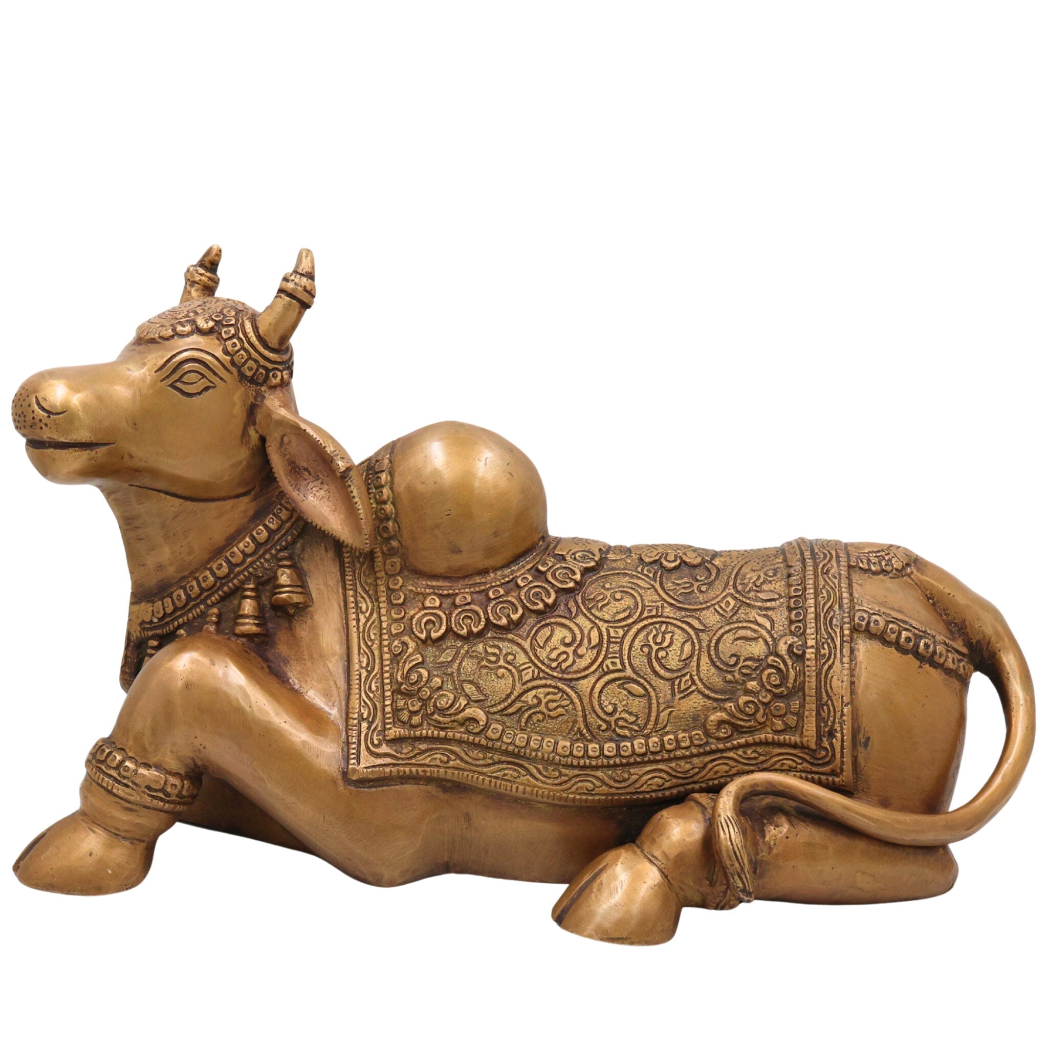Brass Handcrafted Nandi Idol, Lord Shiva's Bull Statue, Shivalinga Companion Sculpture for Pooja, Home Decor & Gifts, Gold, 8.5 Inch, 1 Piece