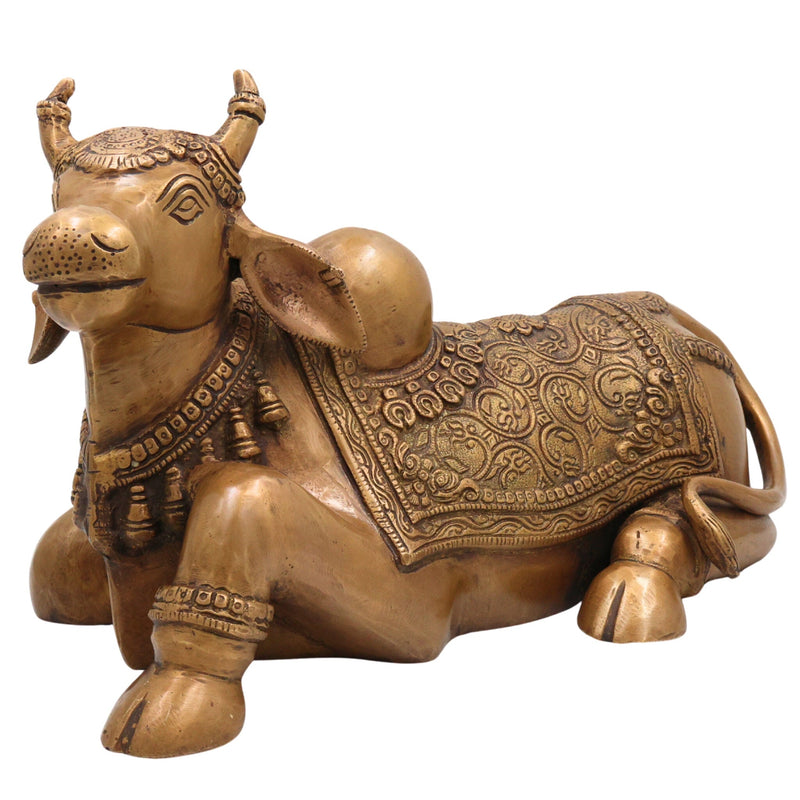 Brass Handcrafted Nandi Idol, Lord Shiva's Bull Statue, Shivalinga Companion Sculpture for Pooja, Home Decor & Gifts, Gold, 8.5 Inch, 1 Piece