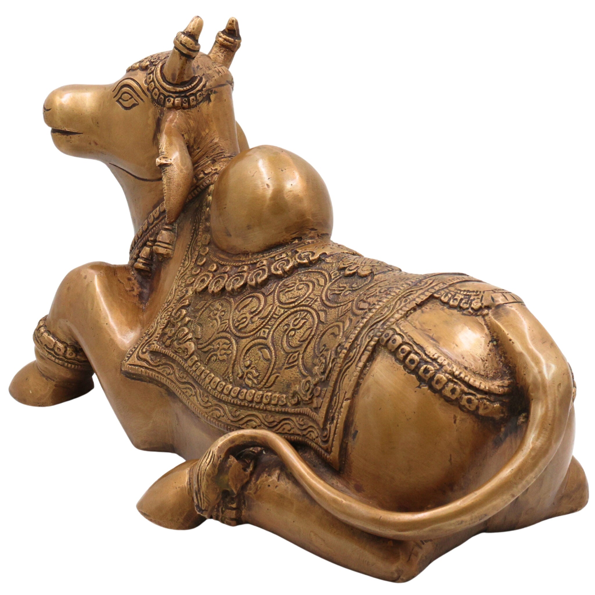 Brass Handcrafted Nandi Idol, Lord Shiva's Bull Statue, Shivalinga Companion Sculpture for Pooja, Home Decor & Gifts, Gold, 8.5 Inch, 1 Piece