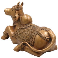 Brass Handcrafted Nandi Idol, Lord Shiva's Bull Statue, Shivalinga Companion Sculpture for Pooja, Home Decor & Gifts, Gold, 8.5 Inch, 1 Piece