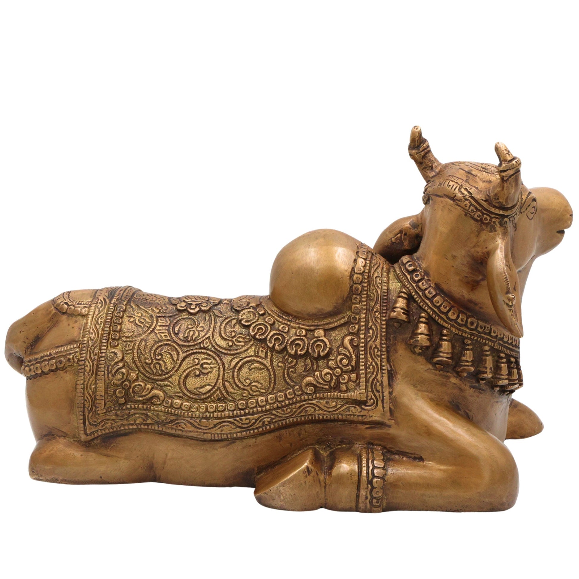 Brass Handcrafted Nandi Idol, Lord Shiva's Bull Statue, Shivalinga Companion Sculpture for Pooja, Home Decor & Gifts, Gold, 8.5 Inch, 1 Piece
