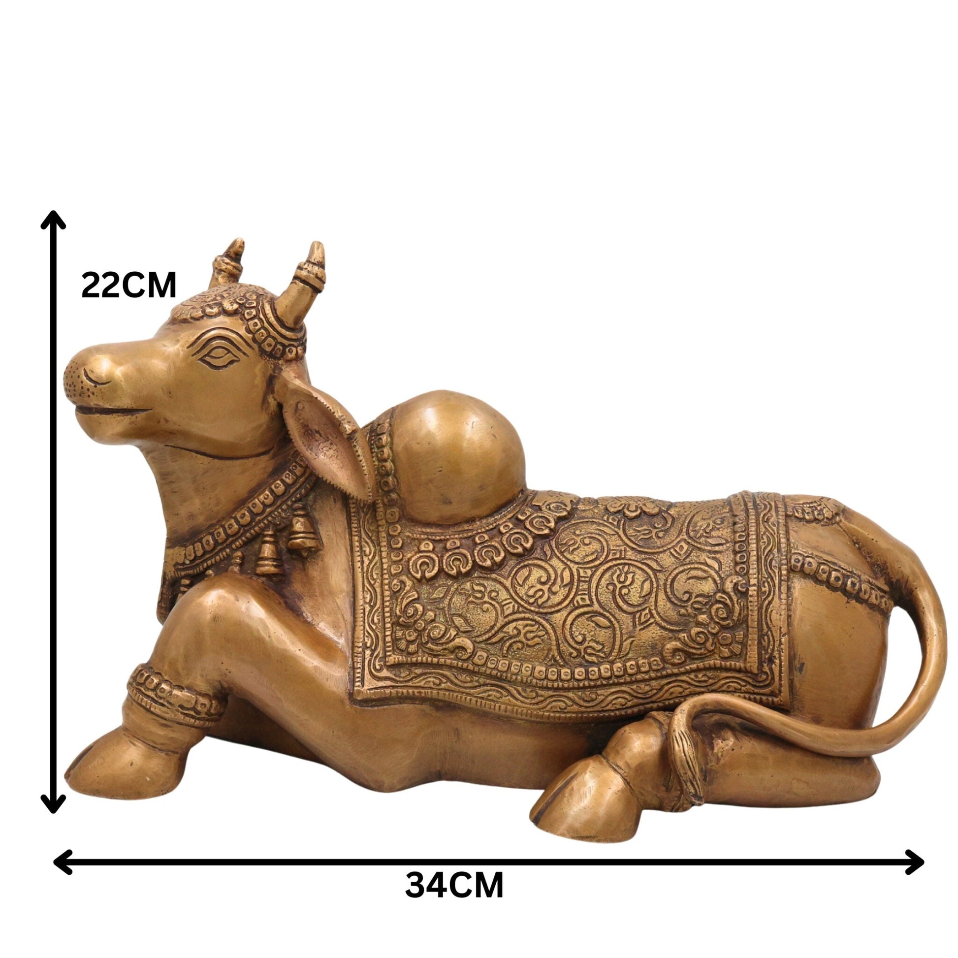 Brass Handcrafted Nandi Idol, Lord Shiva's Bull Statue, Shivalinga Companion Sculpture for Pooja, Home Decor & Gifts, Gold, 8.5 Inch, 1 Piece