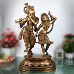 Brass Handcrafted Radha Krishna Idol, Hindu Deity Statue, Krishna Radha Sculpture for Pooja, Home Decor & Gifts, Gold, 23 Inch, 1 Piece
