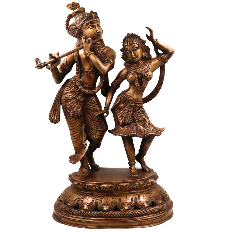 Brass Handcrafted Radha Krishna Idol, Hindu Deity Statue, Krishna Radha Sculpture for Pooja, Home Decor & Gifts, Gold, 23 Inch, 1 Piece