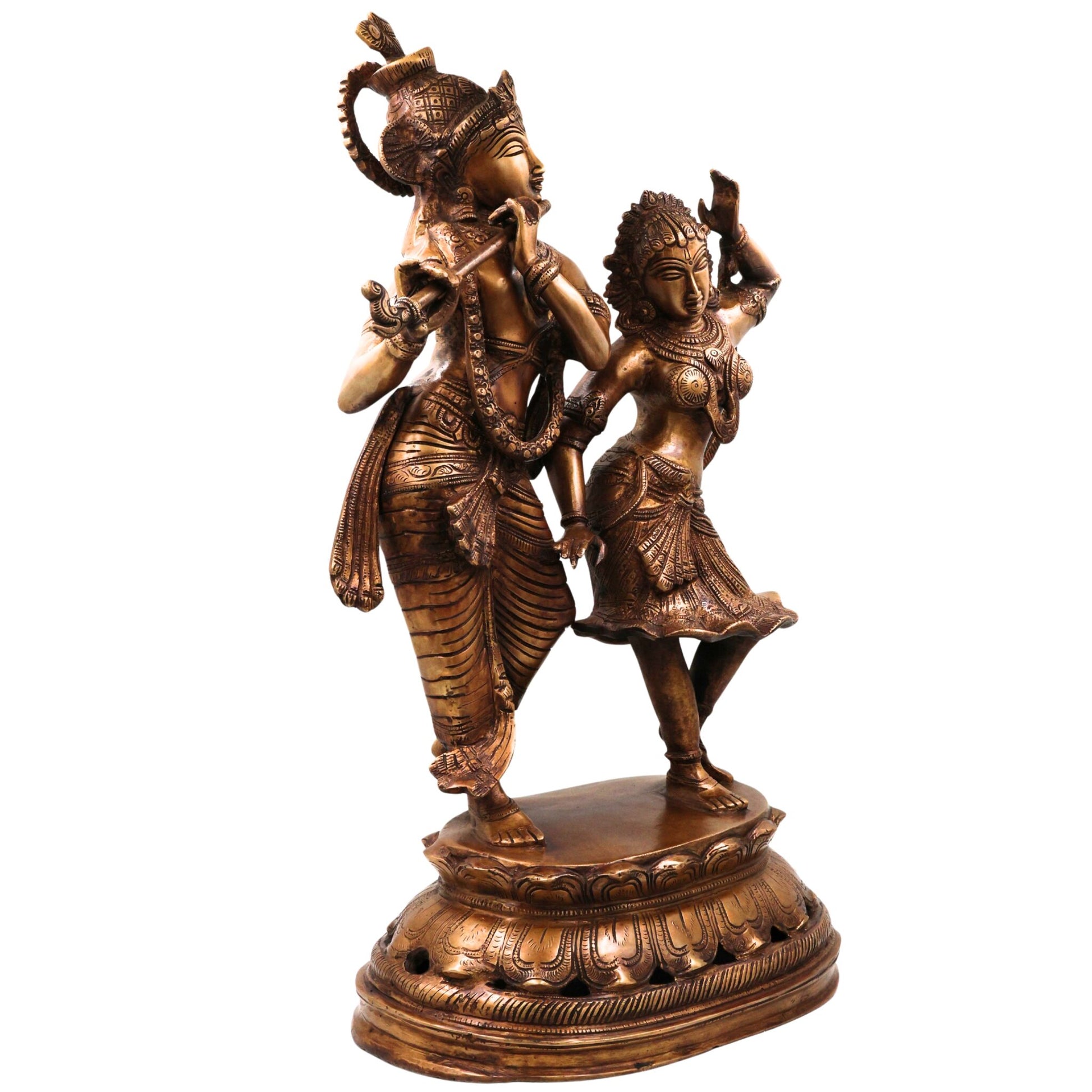 Brass Handcrafted Radha Krishna Idol, Hindu Deity Statue, Krishna Radha Sculpture for Pooja, Home Decor & Gifts, Gold, 23 Inch, 1 Piece