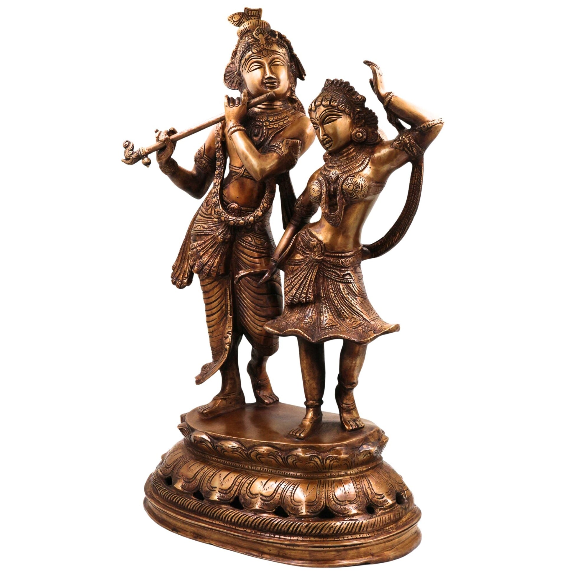 Brass Handcrafted Radha Krishna Idol, Hindu Deity Statue, Krishna Radha Sculpture for Pooja, Home Decor & Gifts, Gold, 23 Inch, 1 Piece