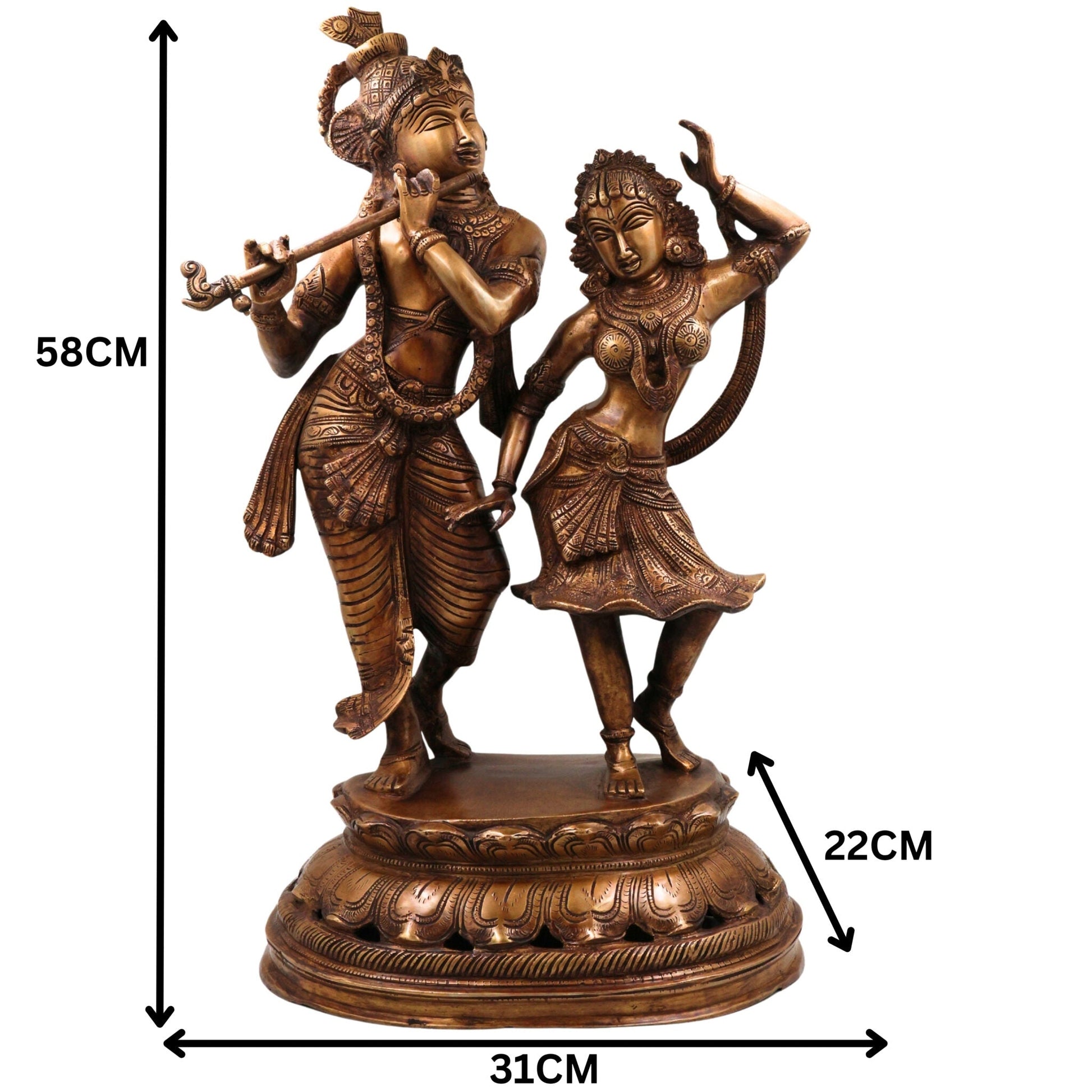 Brass Handcrafted Radha Krishna Idol, Hindu Deity Statue, Krishna Radha Sculpture for Pooja, Home Decor & Gifts, Gold, 23 Inch, 1 Piece