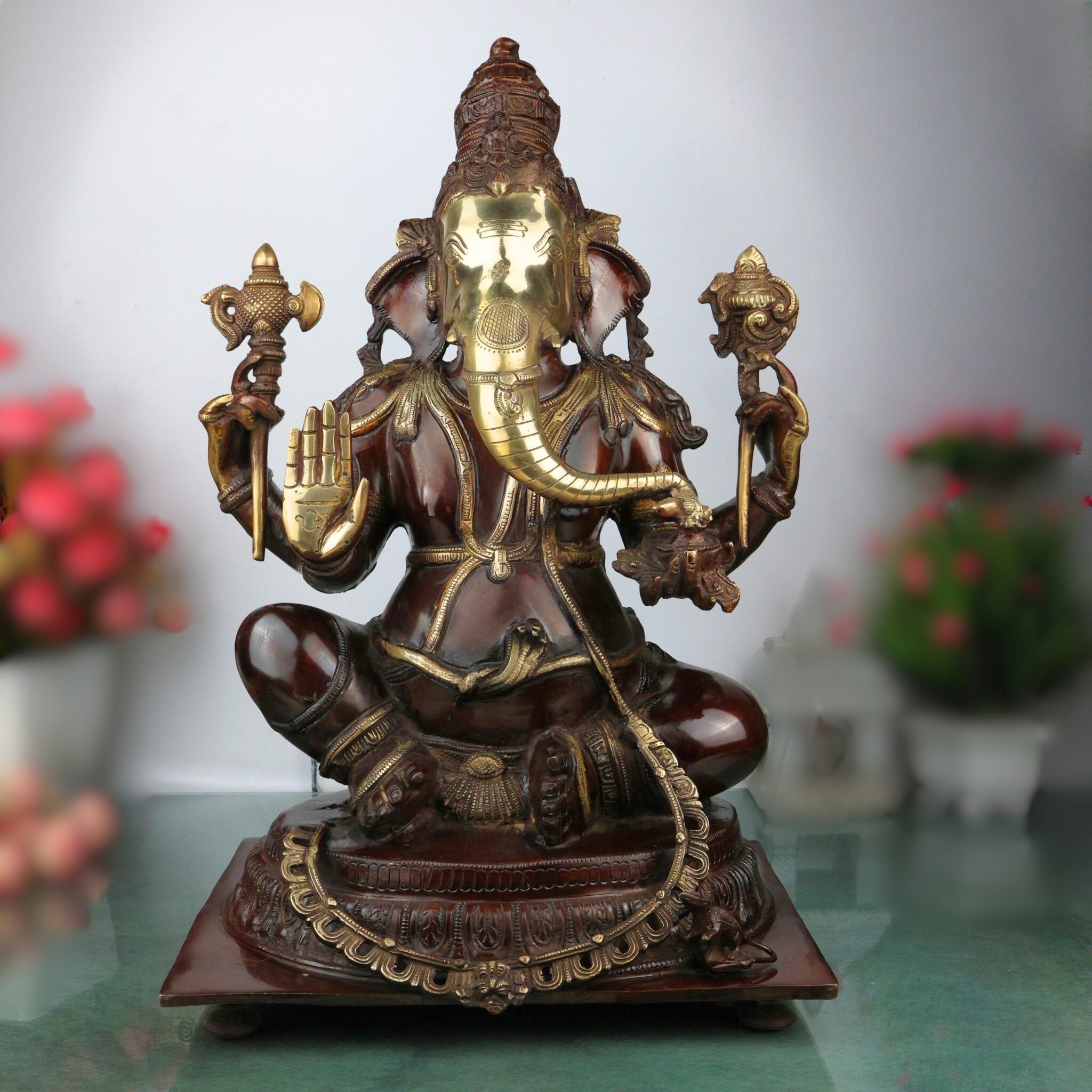 Brass Big Red Ganesha Idol, Handcrafted Murti, Ganapati Statue, Vinayaka Sculpture for Pooja, Home Decor & Gifts, Red, 19.5 Inch, 1 Piece
