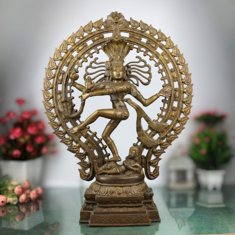 Brass Nataraja Idol, Handcrafted Shiva Murti, Lord Shiva Dancing Statue, Tandava Sculpture for Pooja, Home Decor & Gifts, Brown, 22.5 Inch, 1 Piece