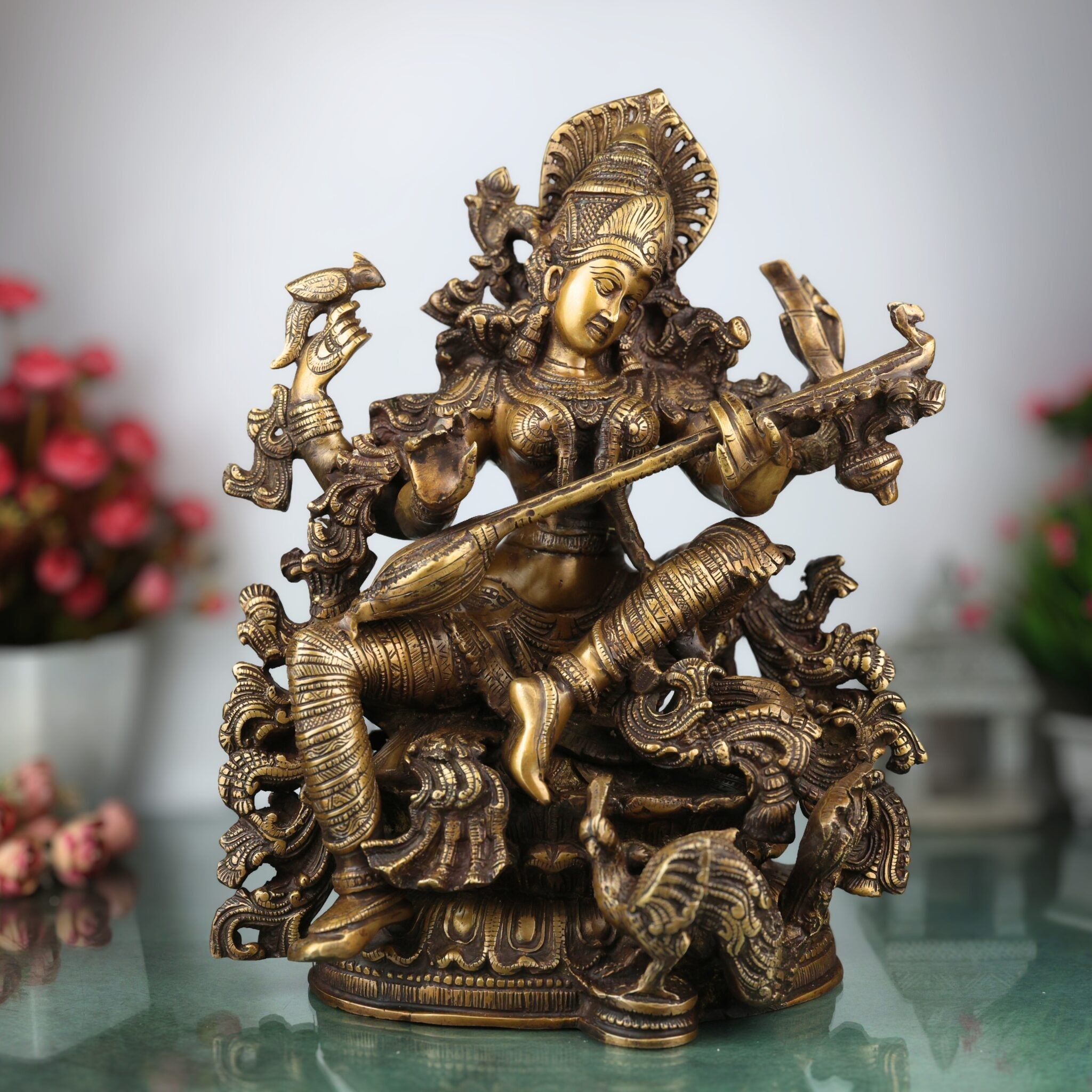 Brass Saraswati Idol, Handcrafted Murti, Goddess of Knowledge Statue, Veena Sculpture for Pooja, Home Decor & Gifts, Gold, 15.5 Inch, 1 Piece