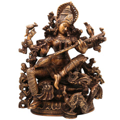 Brass Saraswati Idol, Handcrafted Murti, Goddess of Knowledge Statue, Veena Sculpture for Pooja, Home Decor & Gifts, Gold, 15.5 Inch, 1 Piece
