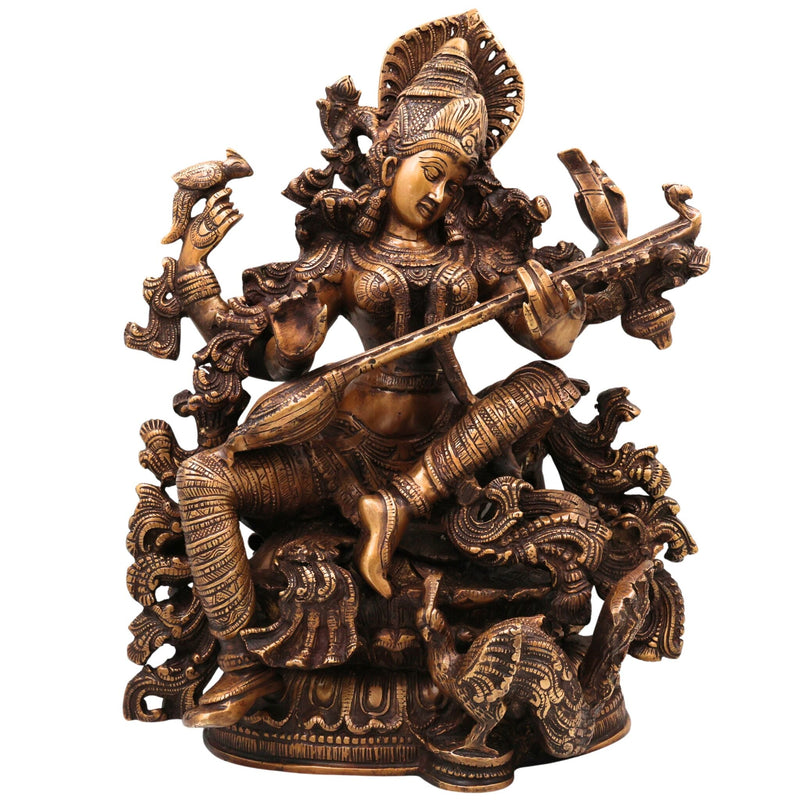 Brass Saraswati Idol, Handcrafted Murti, Goddess of Knowledge Statue, Veena Sculpture for Pooja, Home Decor & Gifts, Gold, 15.5 Inch, 1 Piece