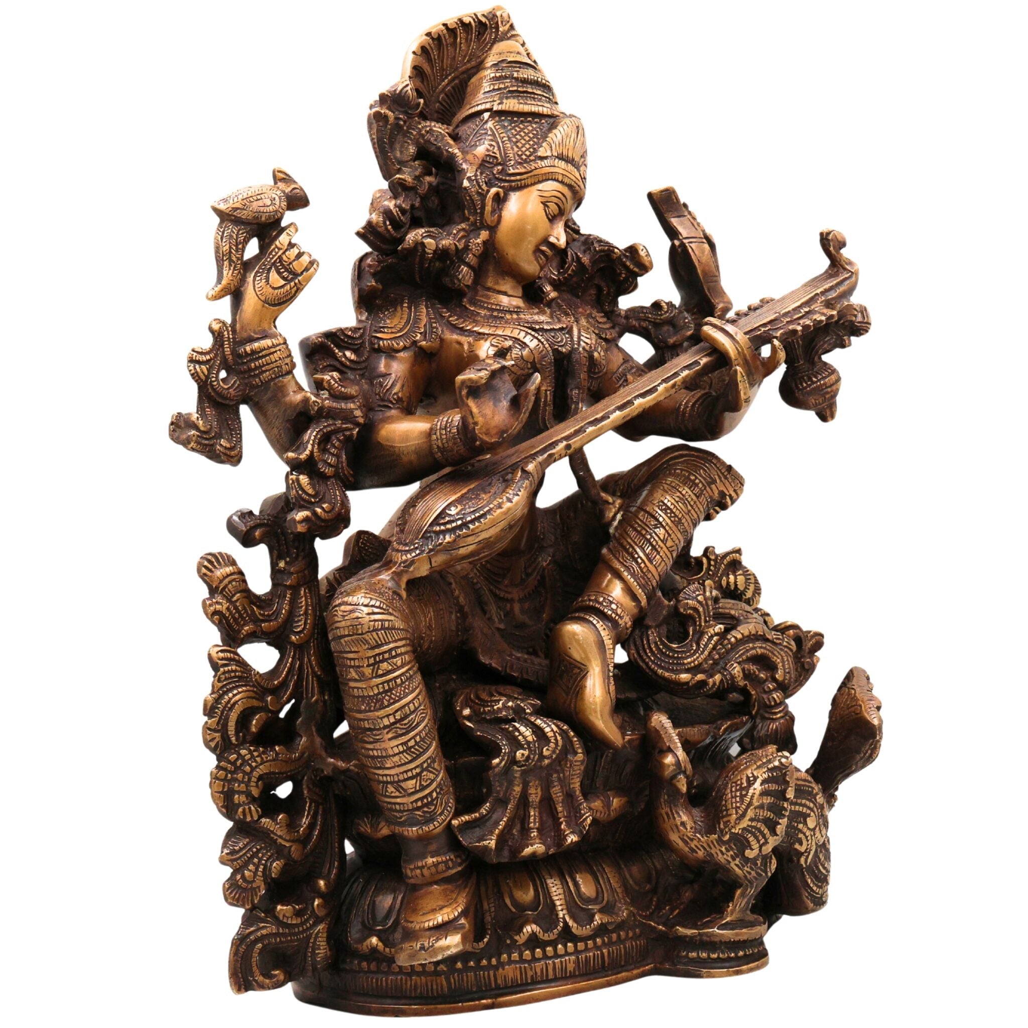 Brass Saraswati Idol, Handcrafted Murti, Goddess of Knowledge Statue, Veena Sculpture for Pooja, Home Decor & Gifts, Gold, 15.5 Inch, 1 Piece
