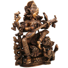 Brass Saraswati Idol, Handcrafted Murti, Goddess of Knowledge Statue, Veena Sculpture for Pooja, Home Decor & Gifts, Gold, 15.5 Inch, 1 Piece