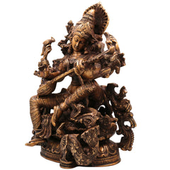 Brass Saraswati Idol, Handcrafted Murti, Goddess of Knowledge Statue, Veena Sculpture for Pooja, Home Decor & Gifts, Gold, 15.5 Inch, 1 Piece