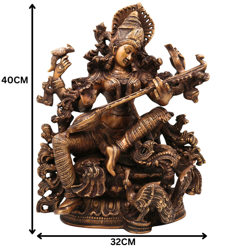 Brass Saraswati Idol, Handcrafted Murti, Goddess of Knowledge Statue, Veena Sculpture for Pooja, Home Decor & Gifts, Gold, 15.5 Inch, 1 Piece