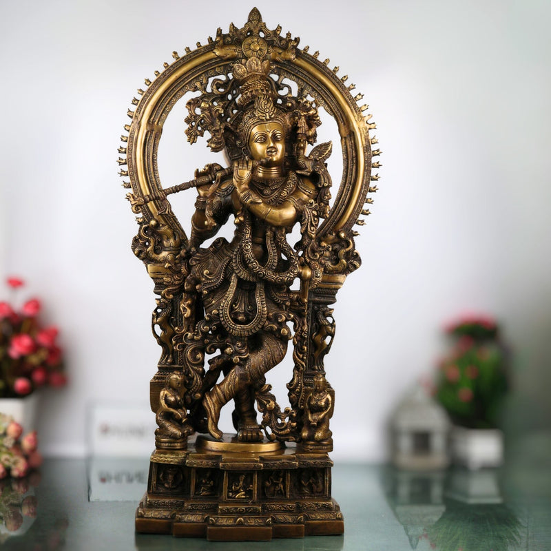 Brass Handcrafted Krishna Idol, Balakrishna Murti, Makhan Chor Statue, Gopal & Govinda Sculpture for Puja, Home & Temple Decor, Gold, 31.5 Inch, 1 Piece