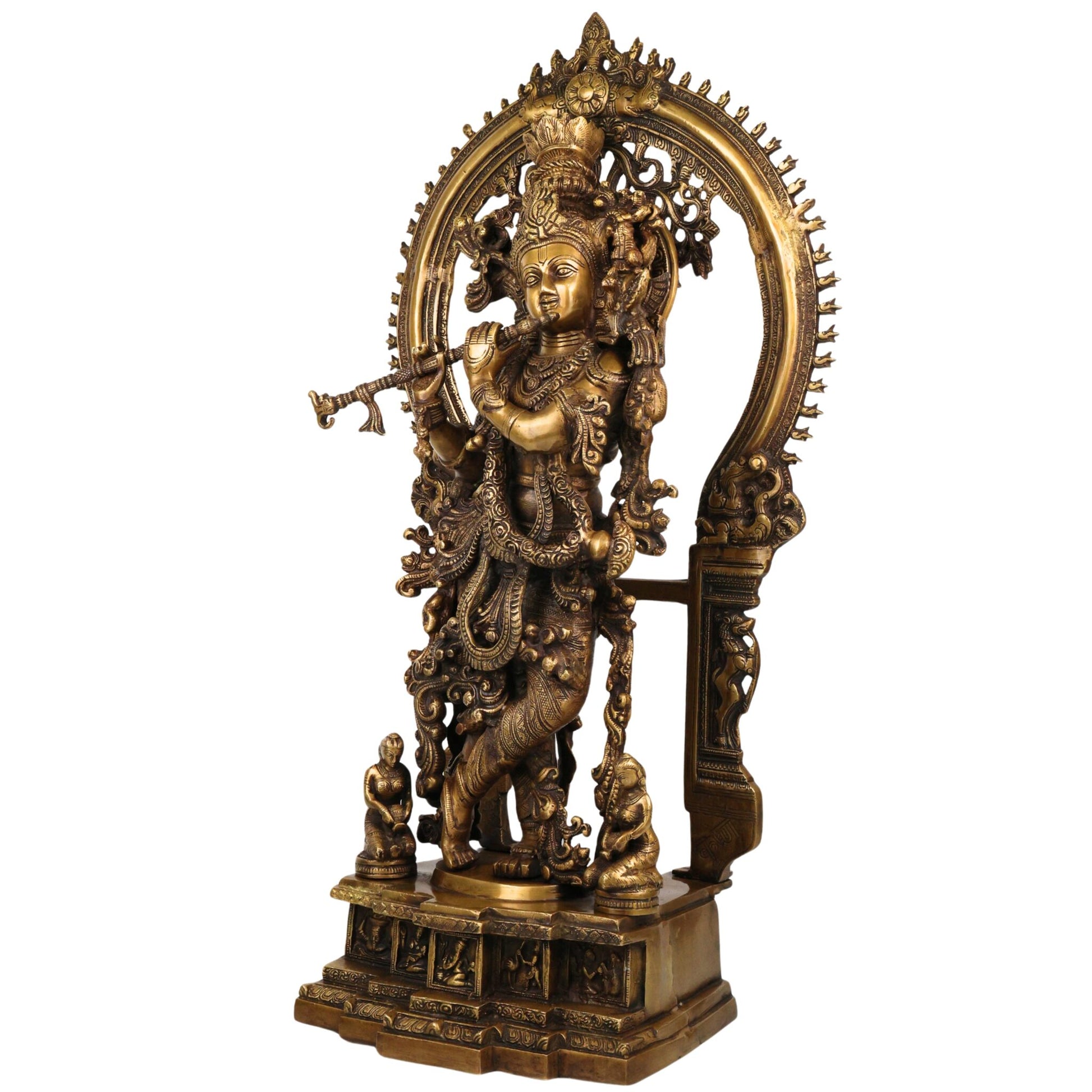 Brass Handcrafted Krishna Idol, Balakrishna Murti, Makhan Chor Statue, Gopal & Govinda Sculpture for Puja, Home & Temple Decor, Gold, 31.5 Inch, 1 Piece