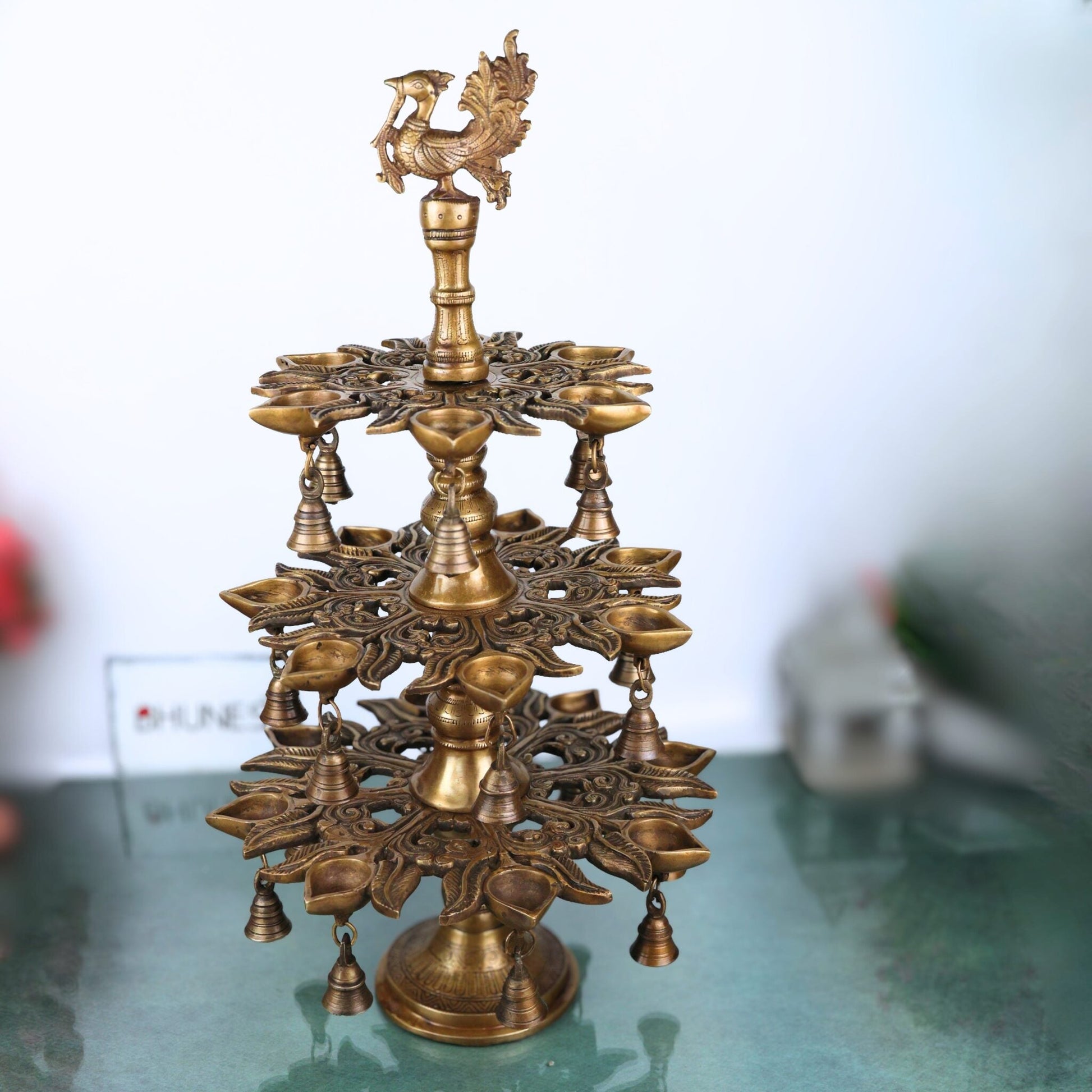 Brass Handcrafted Peacock Kuthu Vilakku Deepam | 3 Step Temple Lamp with Bells | Traditional Gold Finish Pooja Diya Deepak Vilakku Idol for Home Decor & Aarti, Gold, 25.5 Inch, 1 Piece