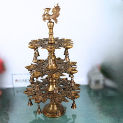 Brass Handcrafted Peacock Kuthu Vilakku Deepam | 3 Step Temple Lamp with Bells | Traditional Gold Finish Pooja Diya Deepak Vilakku Idol for Home Decor & Aarti, Gold, 25.5 Inch, 1 Piece