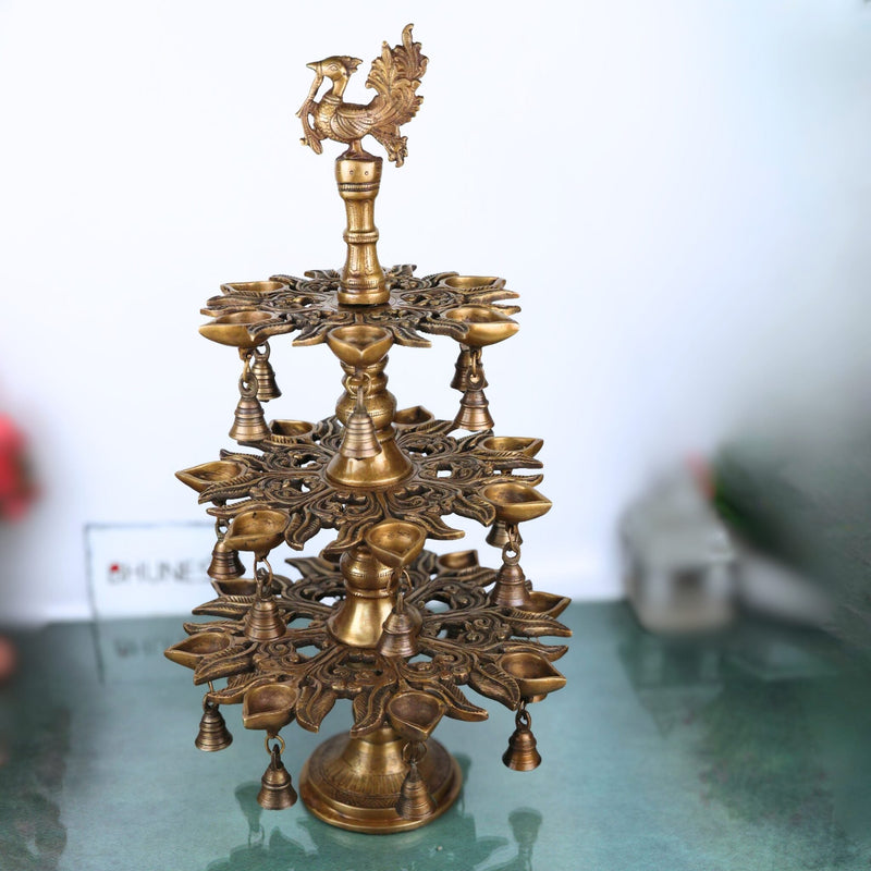 Brass Handcrafted Peacock Kuthu Vilakku Deepam | 3 Step Temple Lamp with Bells | Traditional Gold Finish Pooja Diya Deepak Vilakku Idol for Home Decor & Aarti, Gold, 25.5 Inch, 1 Piece
