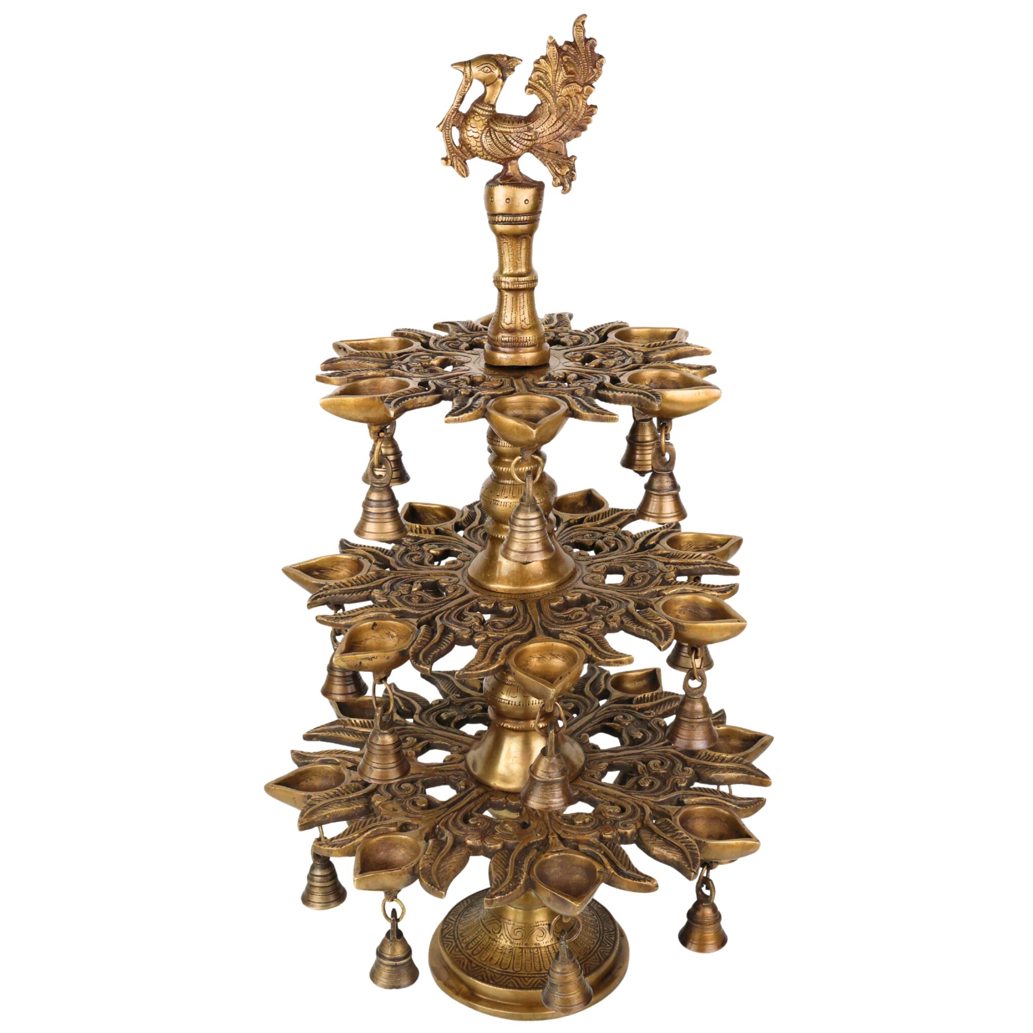Brass Handcrafted Peacock Kuthu Vilakku Deepam | 3 Step Temple Lamp with Bells | Traditional Gold Finish Pooja Diya Deepak Vilakku Idol for Home Decor & Aarti, Gold, 25.5 Inch, 1 Piece