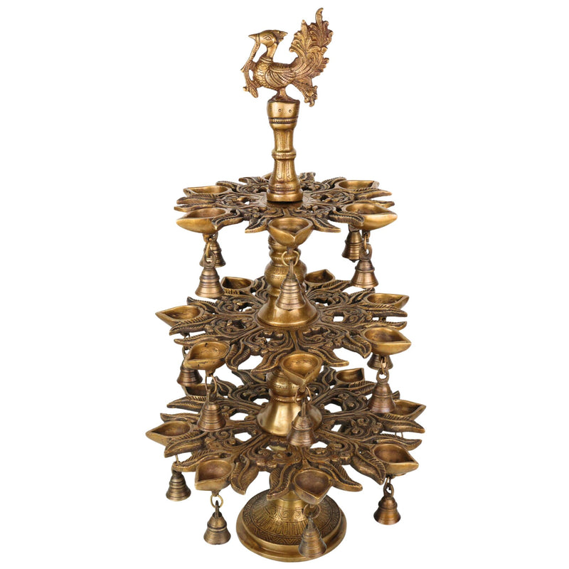 Brass Handcrafted Peacock Kuthu Vilakku Deepam | 3 Step Temple Lamp with Bells | Traditional Gold Finish Pooja Diya Deepak Vilakku Idol for Home Decor & Aarti, Gold, 25.5 Inch, 1 Piece