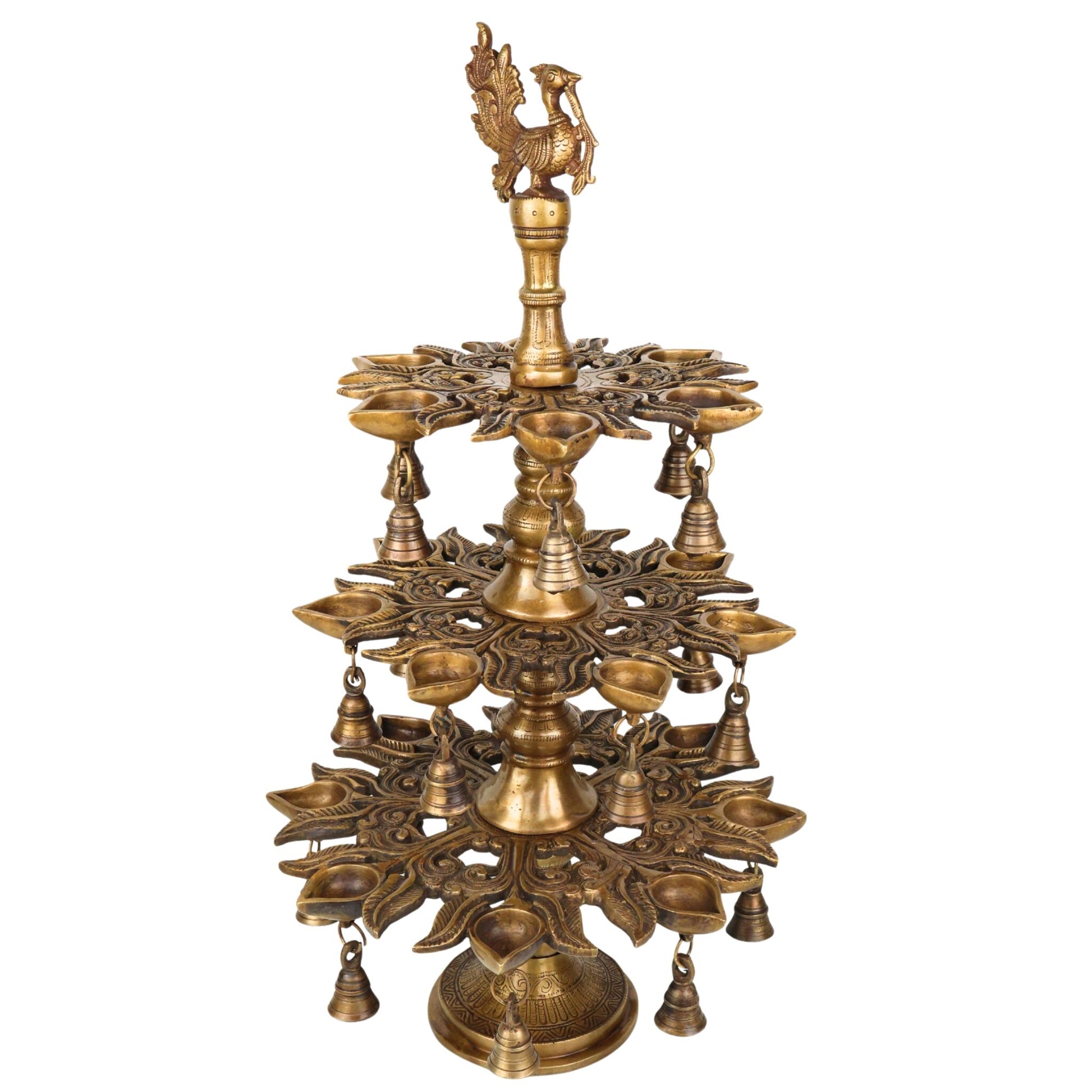Brass Handcrafted Peacock Kuthu Vilakku Deepam | 3 Step Temple Lamp with Bells | Traditional Gold Finish Pooja Diya Deepak Vilakku Idol for Home Decor & Aarti, Gold, 25.5 Inch, 1 Piece