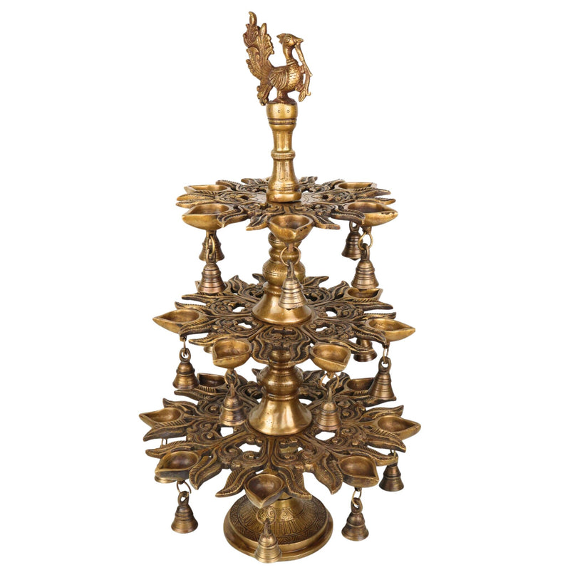 Brass Handcrafted Peacock Kuthu Vilakku Deepam | 3 Step Temple Lamp with Bells | Traditional Gold Finish Pooja Diya Deepak Vilakku Idol for Home Decor & Aarti, Gold, 25.5 Inch, 1 Piece