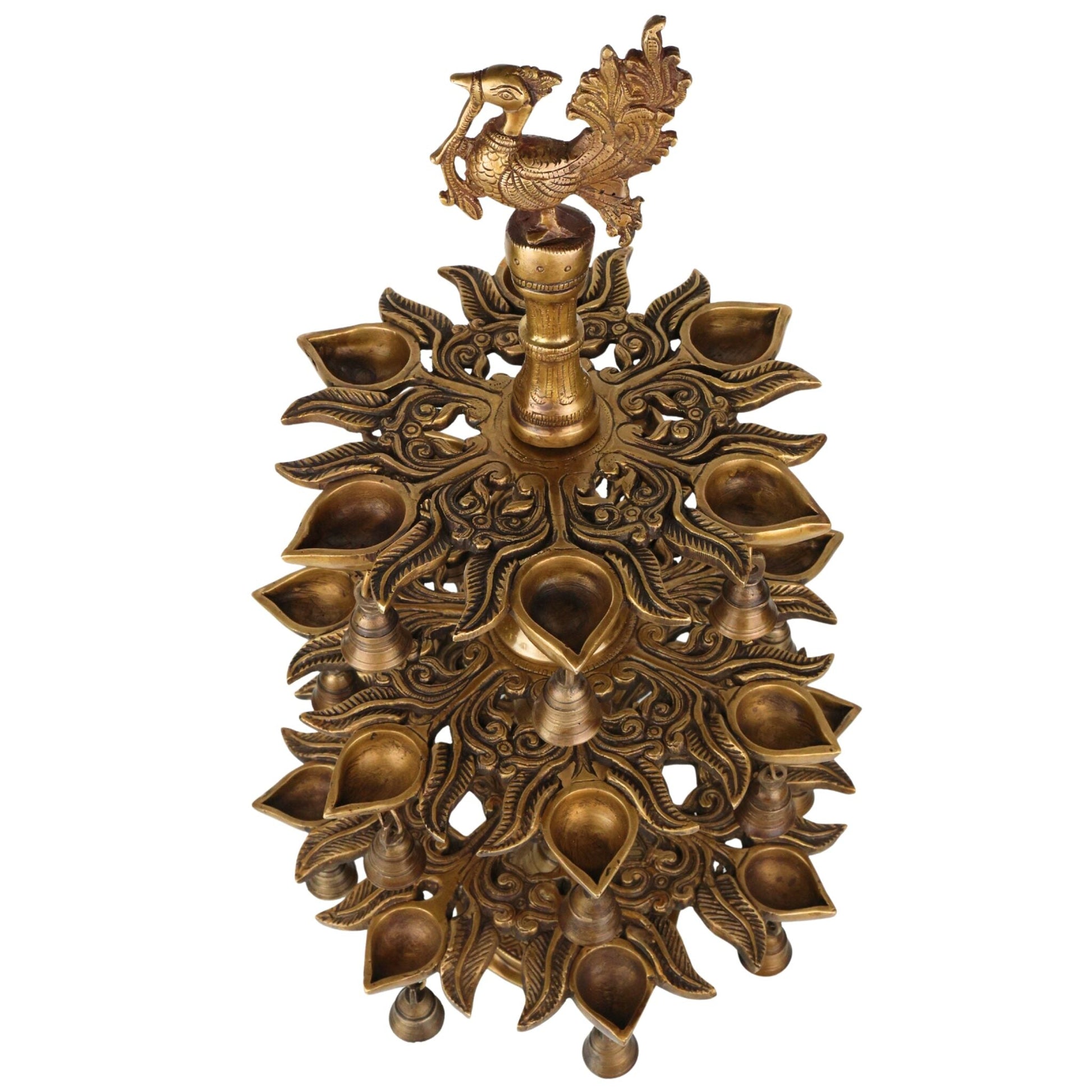 Brass Handcrafted Peacock Kuthu Vilakku Deepam | 3 Step Temple Lamp with Bells | Traditional Gold Finish Pooja Diya Deepak Vilakku Idol for Home Decor & Aarti, Gold, 25.5 Inch, 1 Piece
