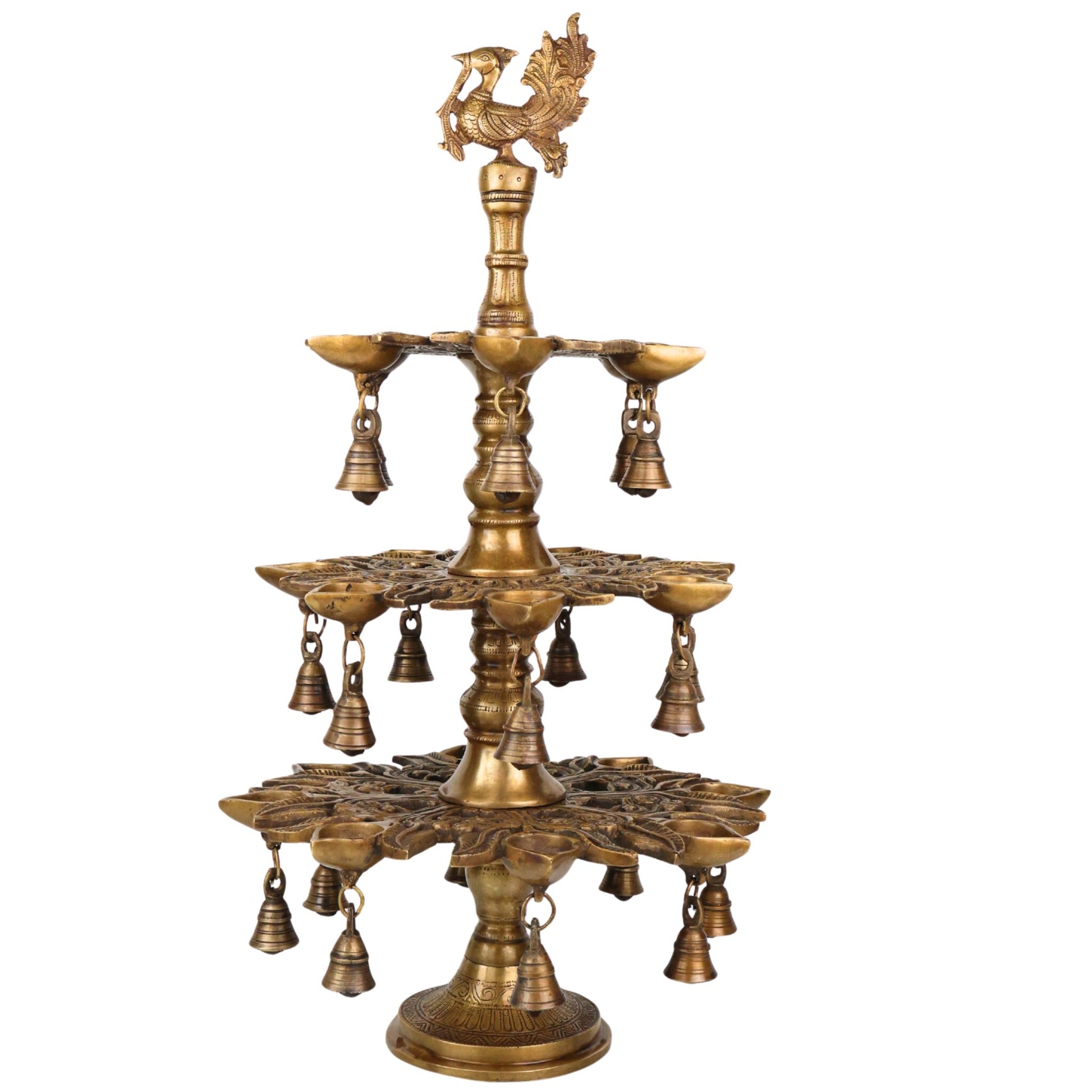 Brass Handcrafted Peacock Kuthu Vilakku Deepam | 3 Step Temple Lamp with Bells | Traditional Gold Finish Pooja Diya Deepak Vilakku Idol for Home Decor & Aarti, Gold, 25.5 Inch, 1 Piece