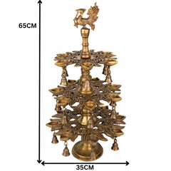 Brass Handcrafted Peacock Kuthu Vilakku Deepam | 3 Step Temple Lamp with Bells | Traditional Gold Finish Pooja Diya Deepak Vilakku Idol for Home Decor & Aarti, Gold, 25.5 Inch, 1 Piece