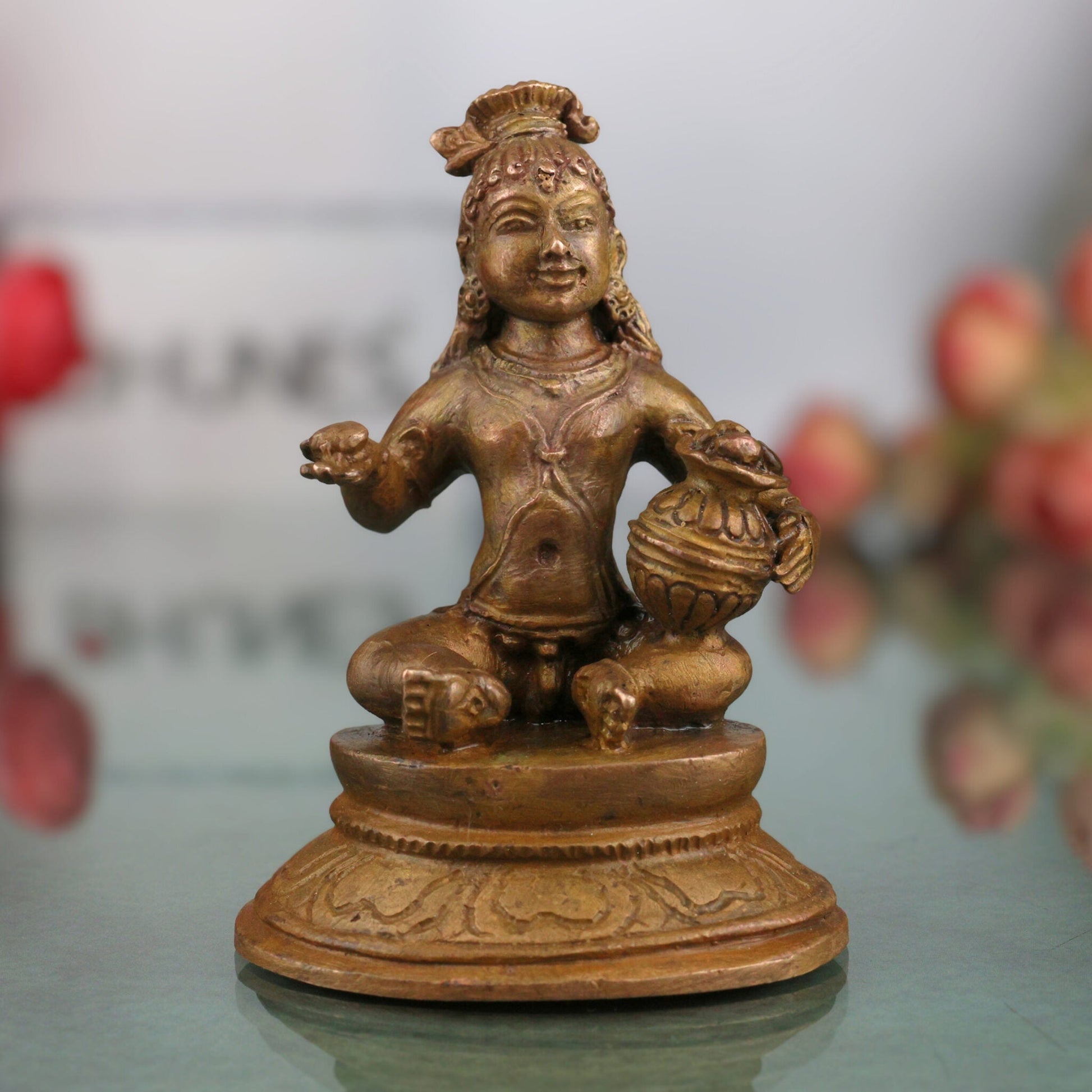 Bronze Handmade Krishna Idol, Panchaloha Murti, Gopal Govinda Kanhaiya Balakrishna Chola Art Statue, Brown, 3 Inch, 1 Piece