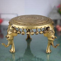 Brass Elephant Chowki, Gaja Chowki, Handmade Aathi Chowki Pooja & Spiritual Home Deco, Gold, 6.5 Inch, 1 Piece