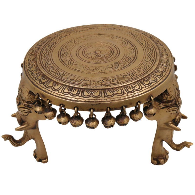 Brass Elephant Chowki, Gaja Chowki, Handmade Aathi Chowki Pooja & Spiritual Home Deco, Gold, 6.5 Inch, 1 Piece