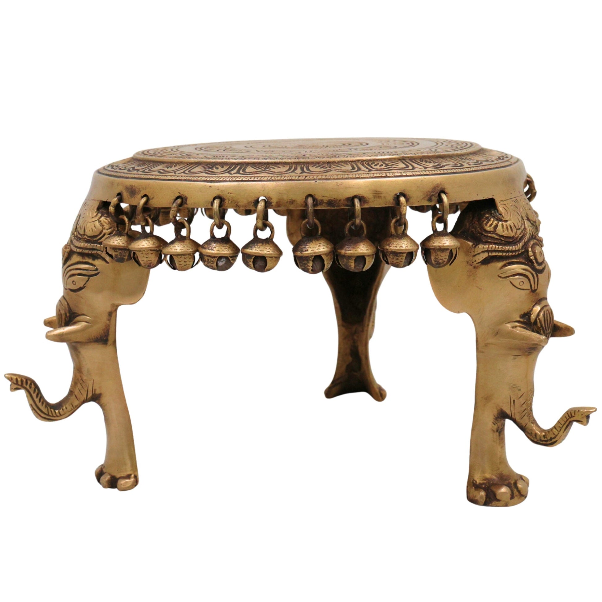 Brass Elephant Chowki, Gaja Chowki, Handmade Aathi Chowki Pooja & Spiritual Home Deco, Gold, 6.5 Inch, 1 Piece