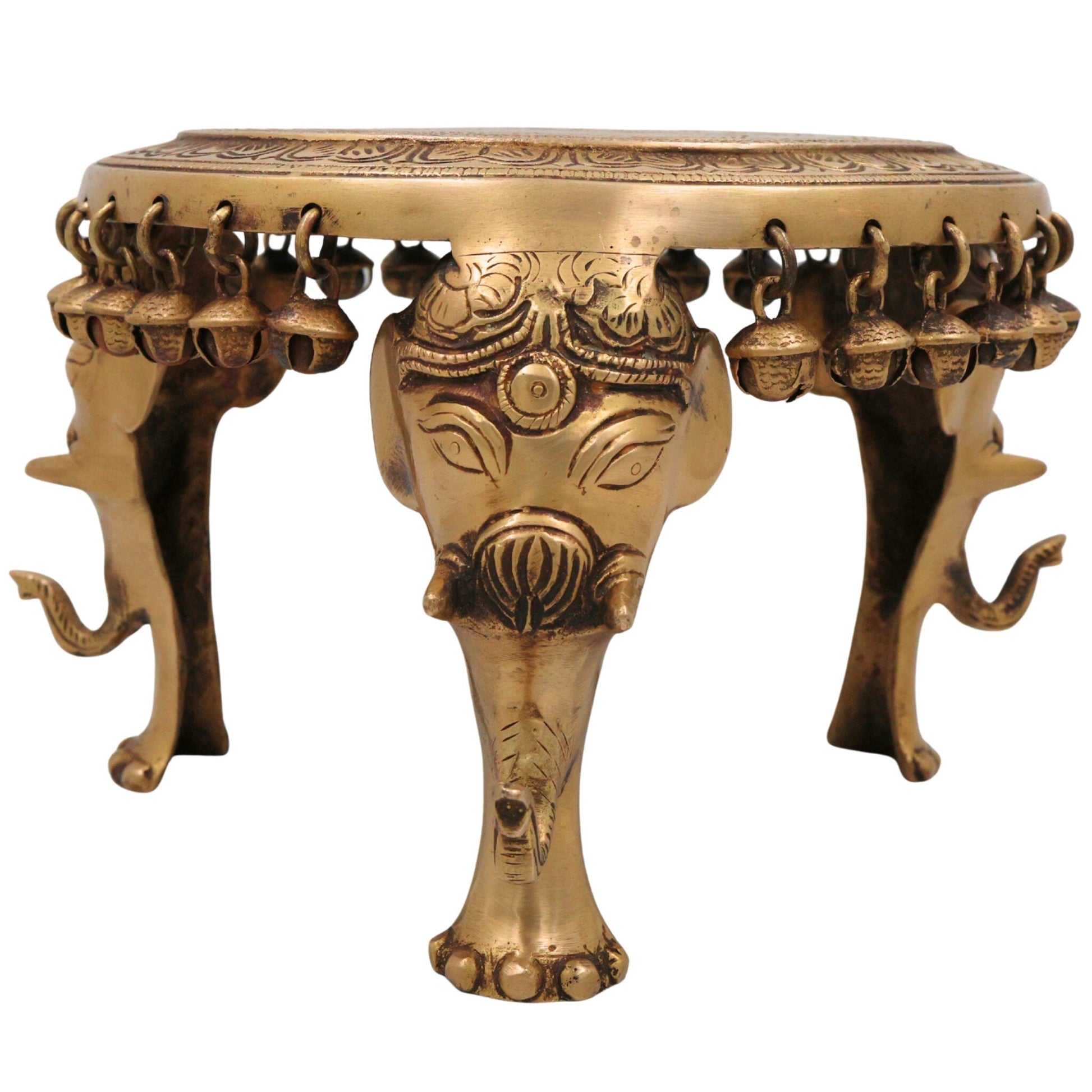 Brass Elephant Chowki, Gaja Chowki, Handmade Aathi Chowki Pooja & Spiritual Home Deco, Gold, 6.5 Inch, 1 Piece