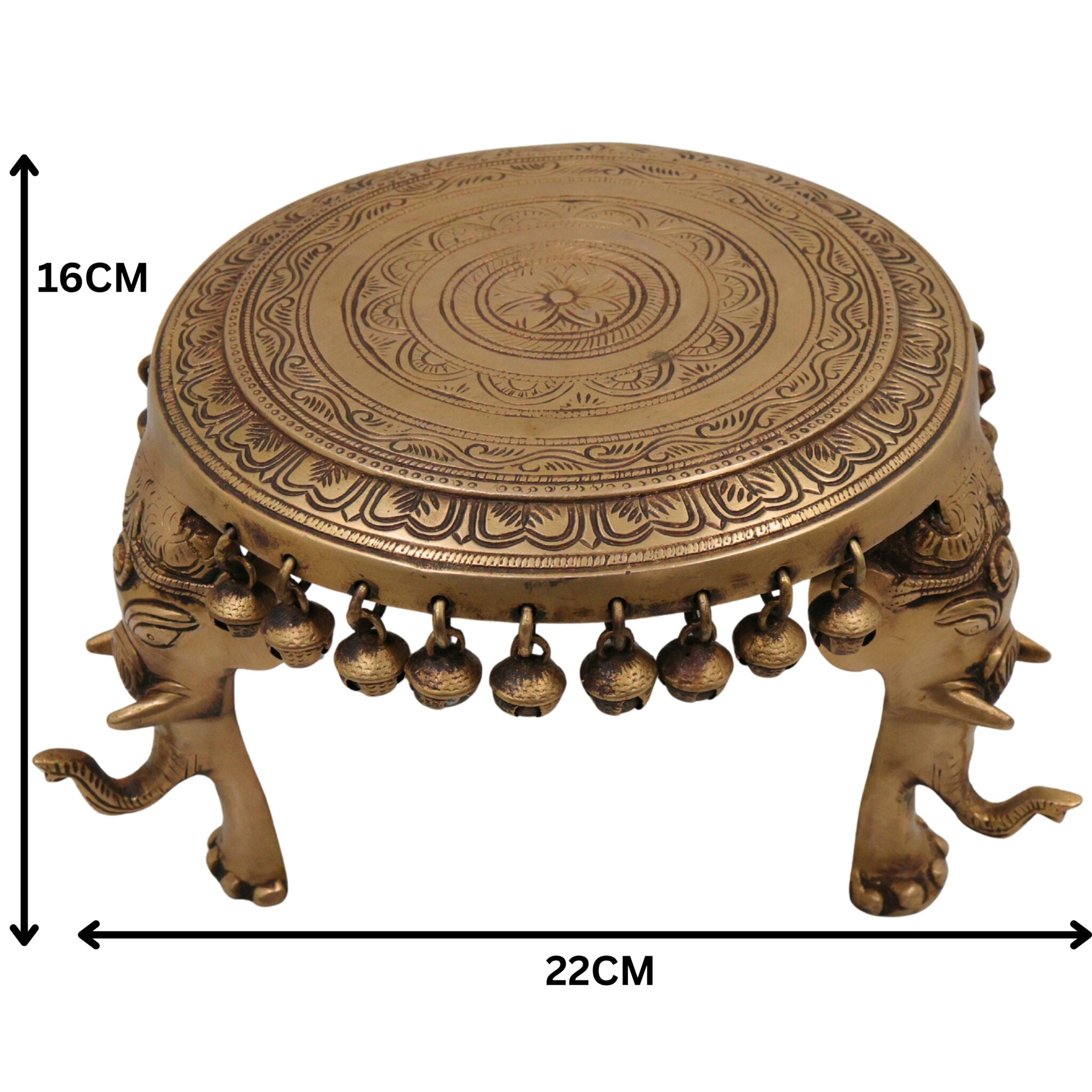 Brass Elephant Chowki, Gaja Chowki, Handmade Aathi Chowki Pooja & Spiritual Home Deco, Gold, 6.5 Inch, 1 Piece