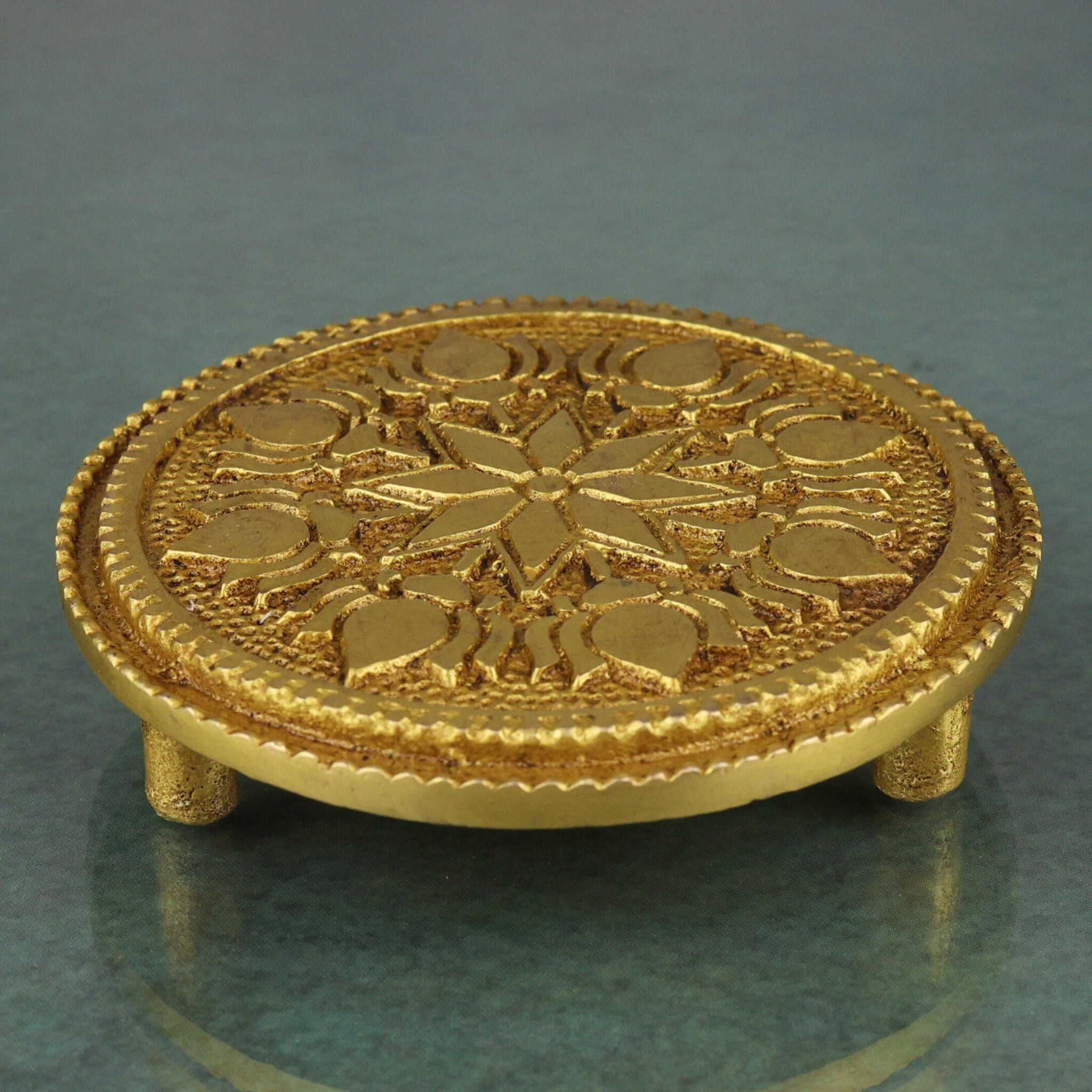 Brass Chowki, Handmade Pooja Chowki, Spiritual Bajot Home & Temple Decor, Gold, 3 Inch, 1 Piece