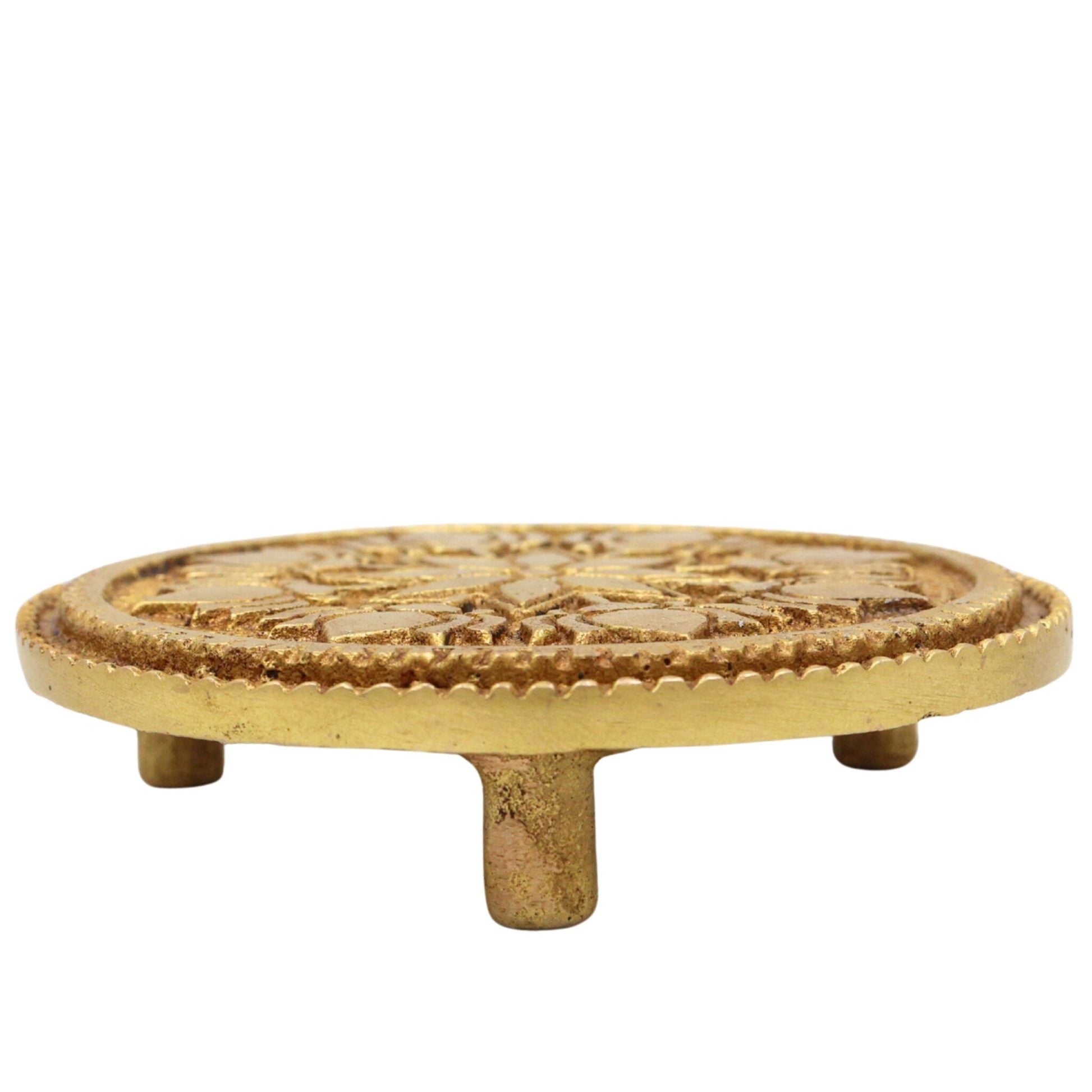 Brass Chowki, Handmade Pooja Chowki, Spiritual Bajot Home & Temple Decor, Gold, 3 Inch, 1 Piece