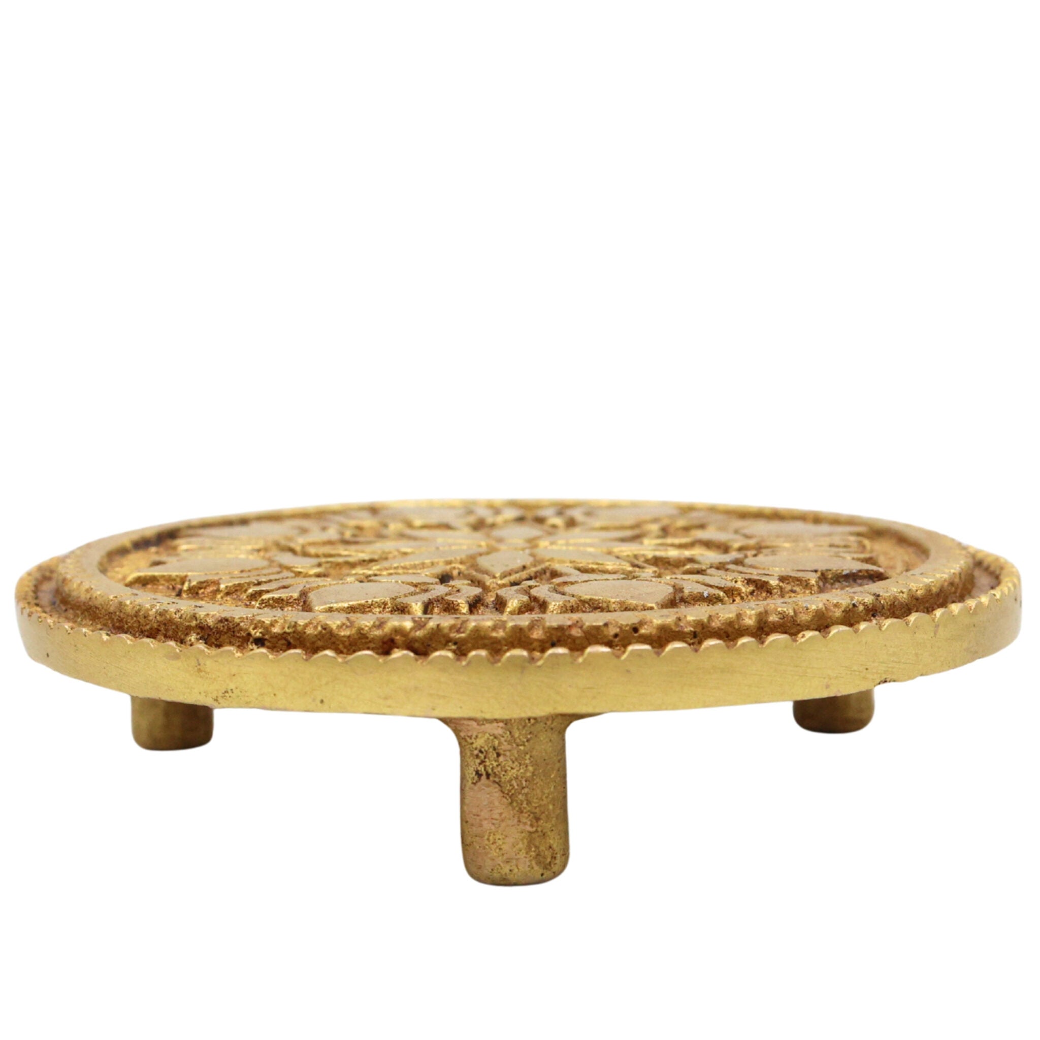 Brass Chowki, Handmade Pooja Chowki, Spiritual Bajot Home & Temple Decor, Gold, 3 Inch, 1 Piece