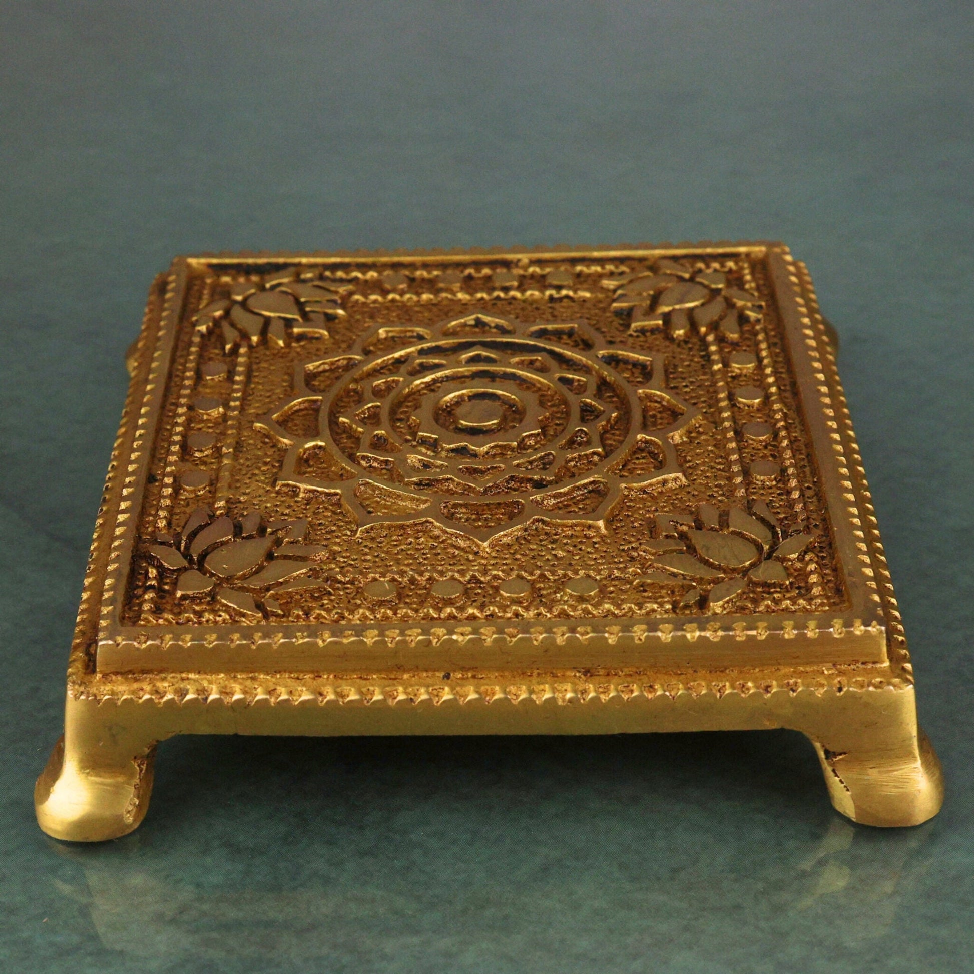 Brass Chowki, Handmade Pooja Platform, Spiritual Bajot Temple & Home Decor, Gold, 4 Inch, 1 Piece