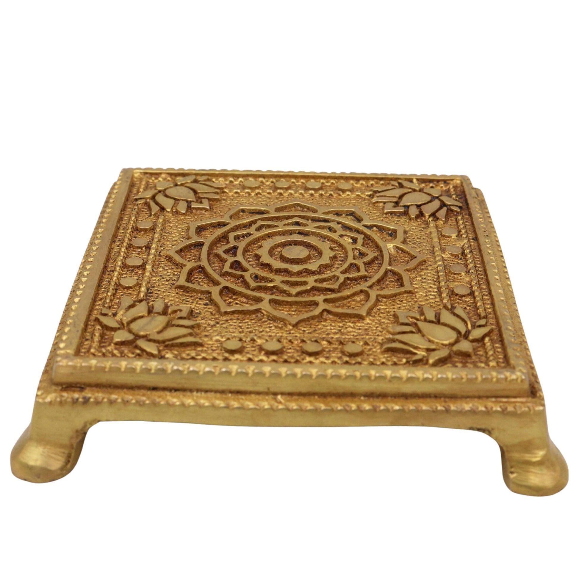 Brass Chowki, Handmade Pooja Platform, Spiritual Bajot Temple & Home Decor, Gold, 4 Inch, 1 Piece