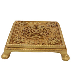 Brass Chowki, Handmade Pooja Platform, Spiritual Bajot Temple & Home Decor, Gold, 4 Inch, 1 Piece