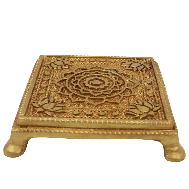 Brass Chowki, Handmade Pooja Platform, Spiritual Bajot Temple & Home Decor, Gold, 4 Inch, 1 Piece