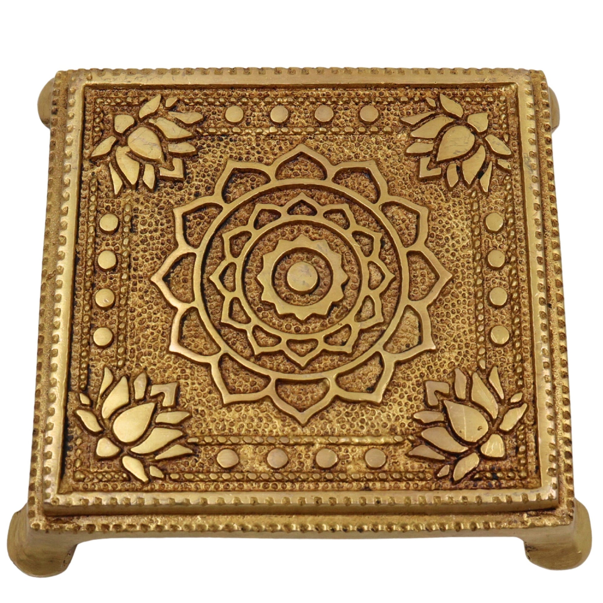 Brass Chowki, Handmade Pooja Platform, Spiritual Bajot Temple & Home Decor, Gold, 4 Inch, 1 Piece